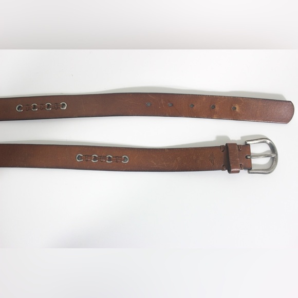 Cognac Brown Rustic Leather Belt with Silver Buckle and Topstitching Distressed - Picture 6 of 8